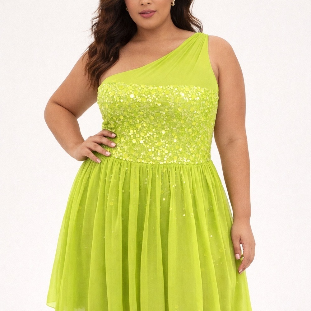Adrianna Papell One-Shoulder Lime Green Sequin Gown